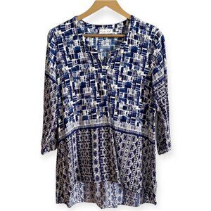 Habitat Blue and White Mayan Border Tunic Top